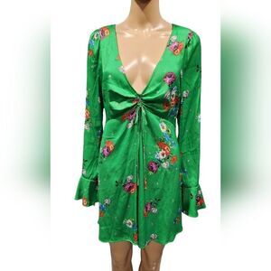 Anthropologie Free People women's green floral ruched front bell sleeve dress M